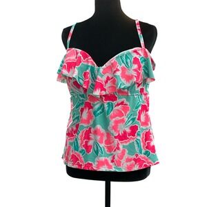 Collections by Catalina Pink Floral Ruffle Tankini Swim Top Teal XL 16-18